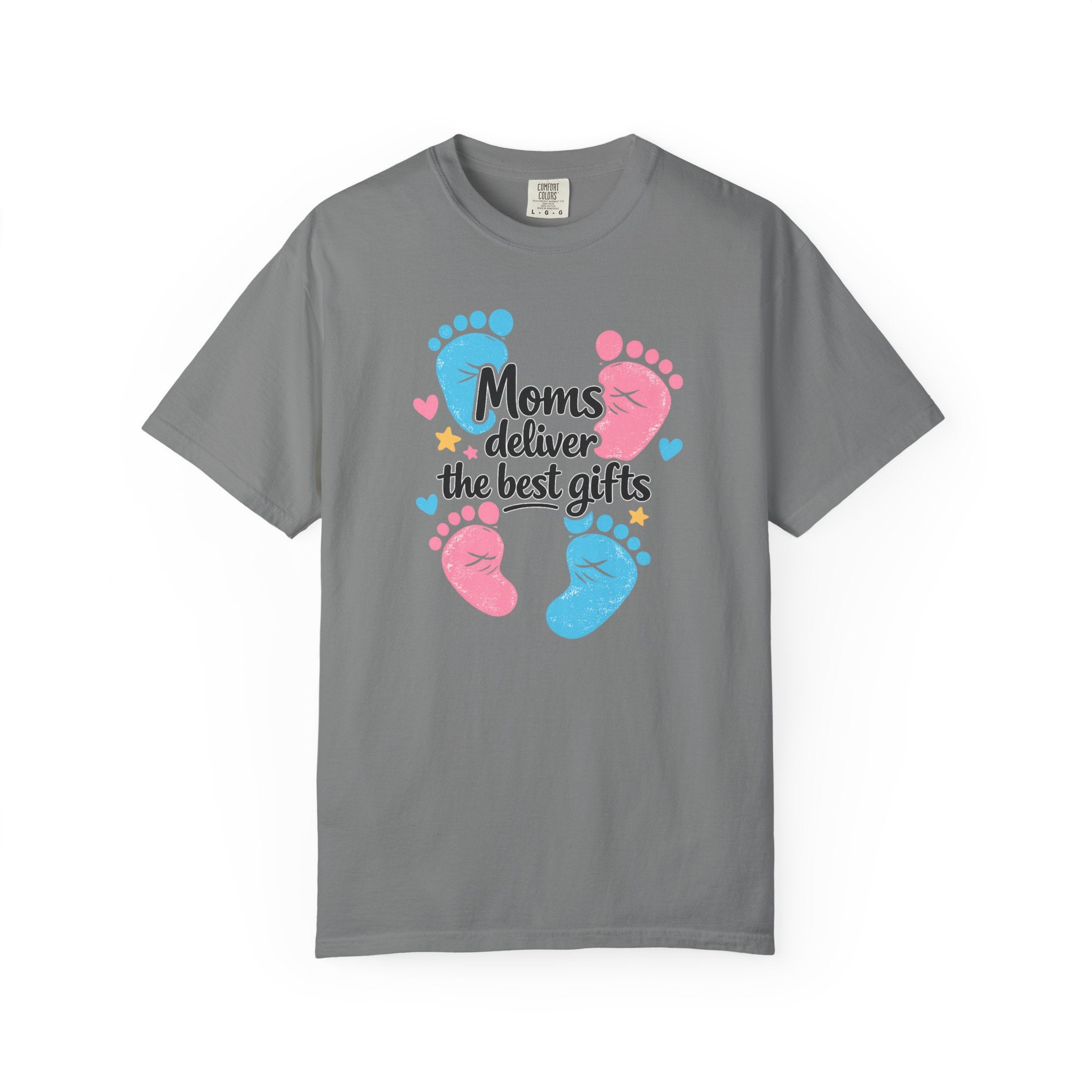 "Moms Deliver the Best Gifts" Baby Footprint T-Shirt (Dark Font)