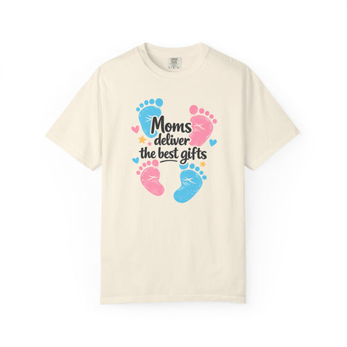 "Moms Deliver the Best Gifts" Baby Footprint T-Shirt (Dark Font)