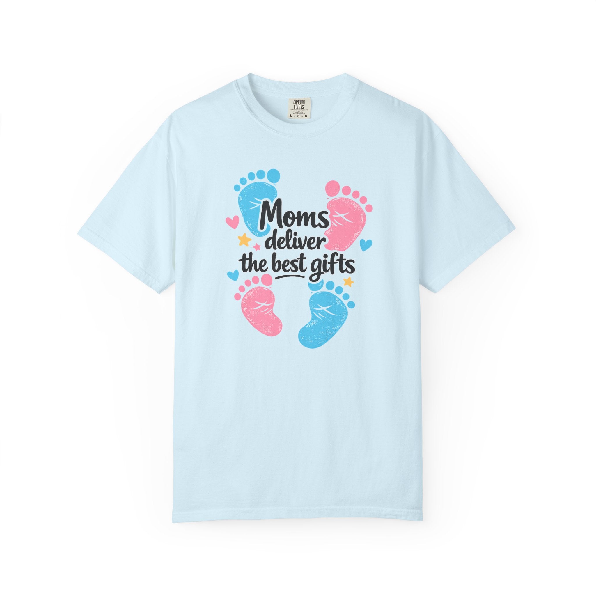 "Moms Deliver the Best Gifts" Baby Footprint T-Shirt (Dark Font)
