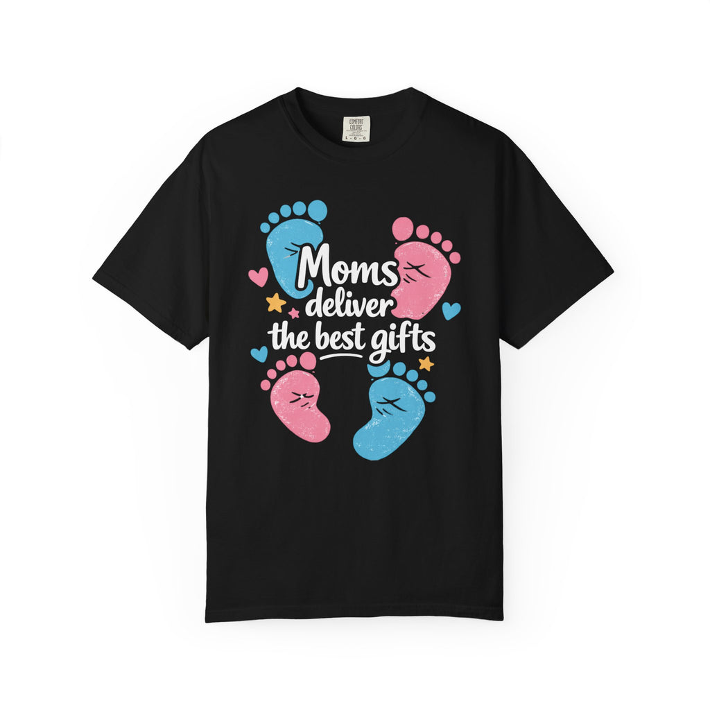 "Moms Deliver the Best Gifts" Baby Footprint T-Shirt (Light Font)