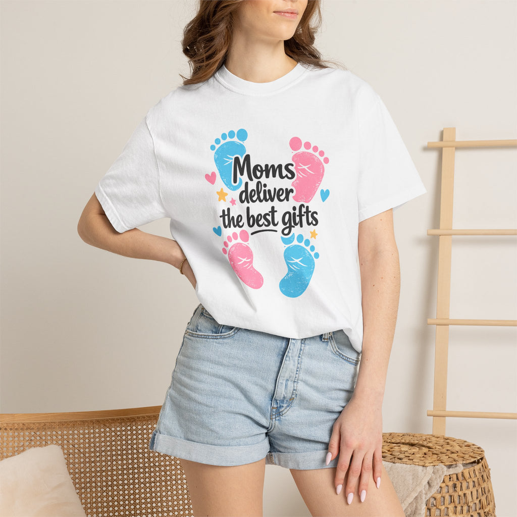 "Moms Deliver the Best Gifts" Baby Footprint T-Shirt (Dark Font)