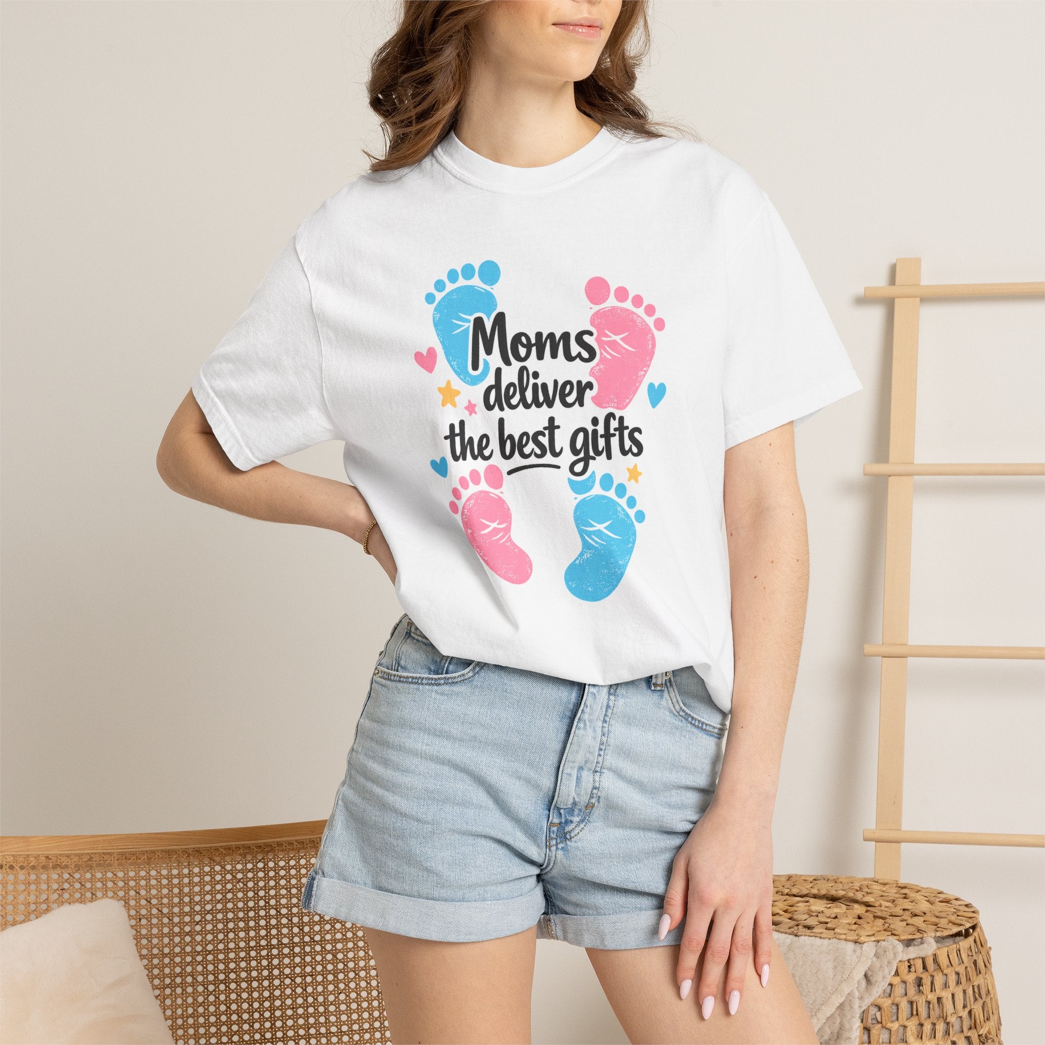 "Moms Deliver the Best Gifts" Baby Footprint T-Shirt (Dark Font)