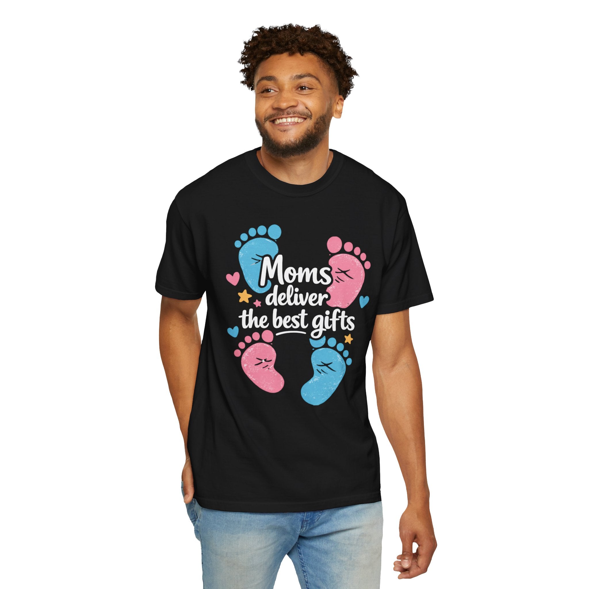 "Moms Deliver the Best Gifts" Baby Footprint T-Shirt (Light Font)