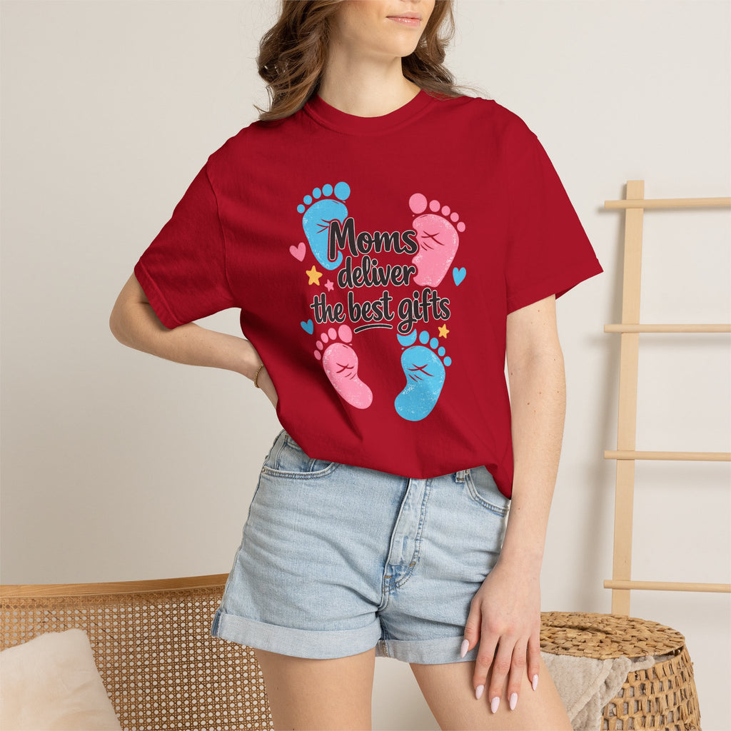 "Moms Deliver the Best Gifts" Baby Footprint T-Shirt (Dark Font)
