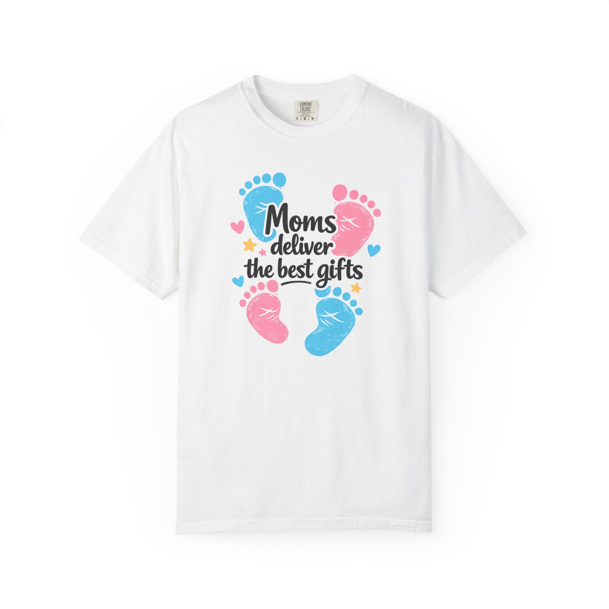 "Moms Deliver the Best Gifts" Baby Footprint T-Shirt (Dark Font)