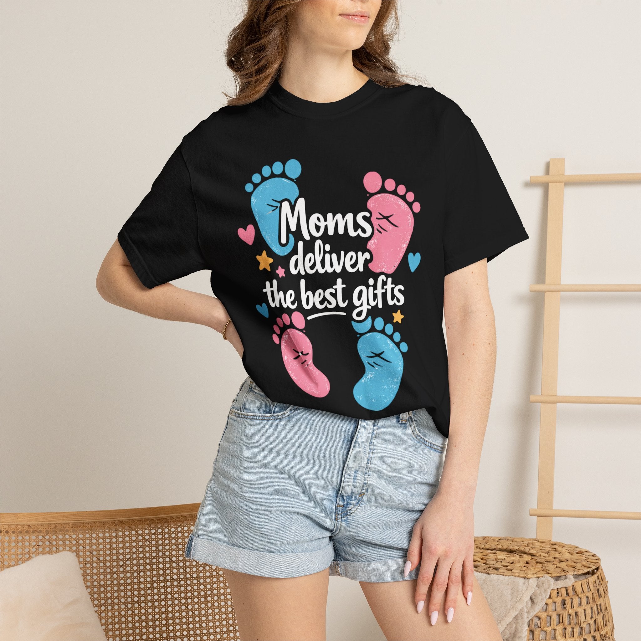 "Moms Deliver the Best Gifts" Baby Footprint T-Shirt (Light Font)