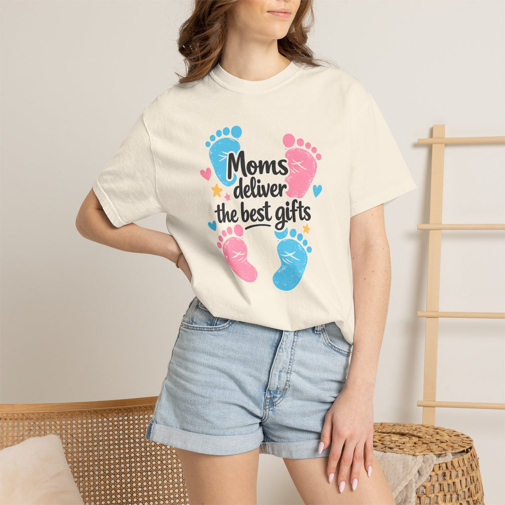 "Moms Deliver the Best Gifts" Baby Footprint T-Shirt (Dark Font)